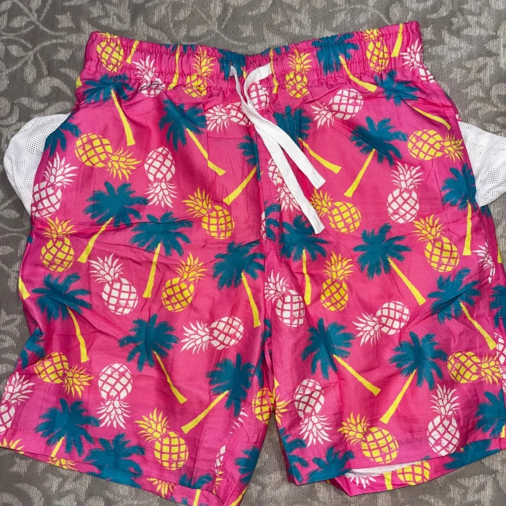 Kids Pink Pineapple Palm‎ Tree Swim Trunks Size 8  Liner Shorts (A28)